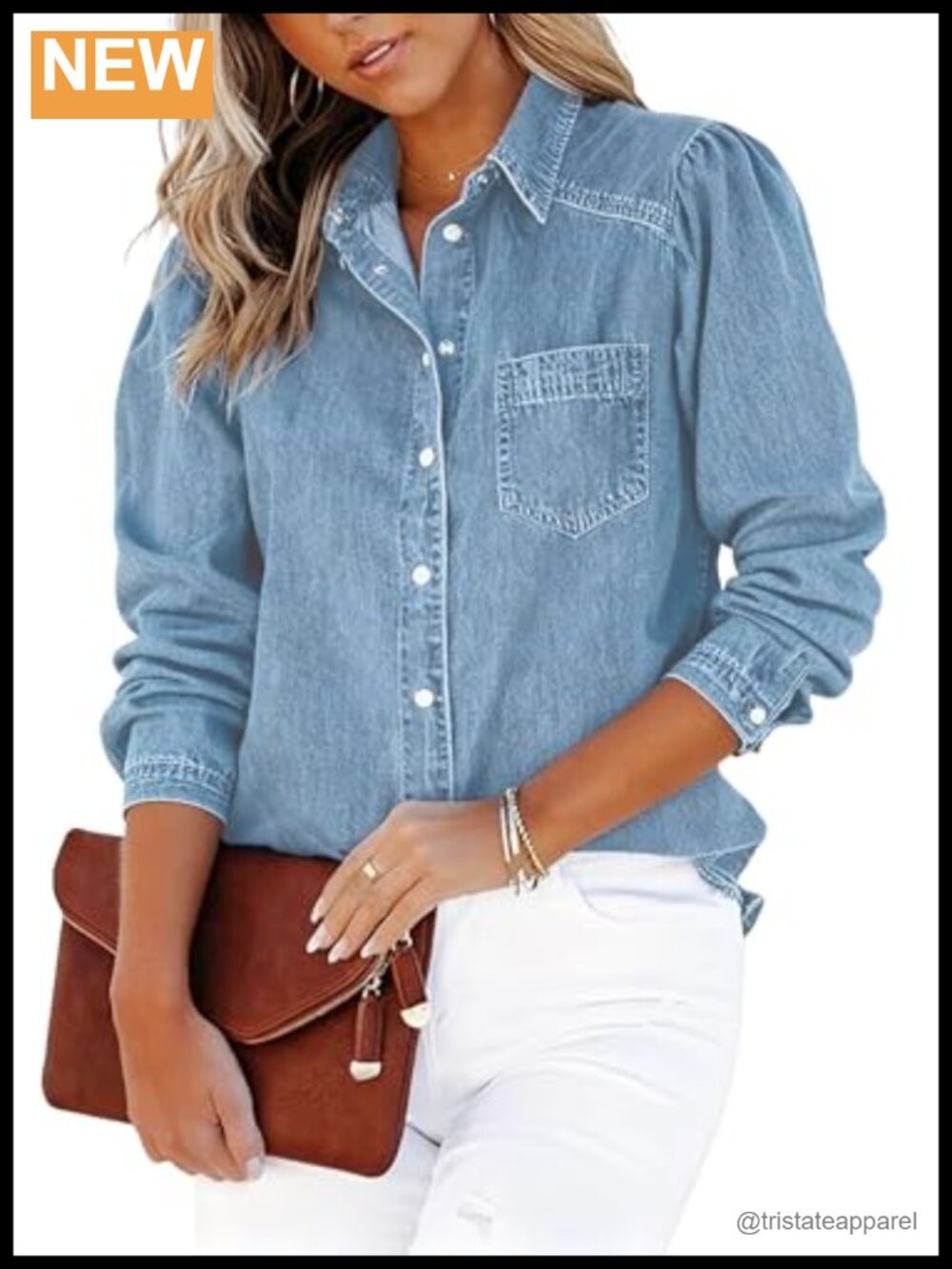 Puff Sleeve Denim Shirt Women Snap Button Down Long Sleeve Jean Blouse